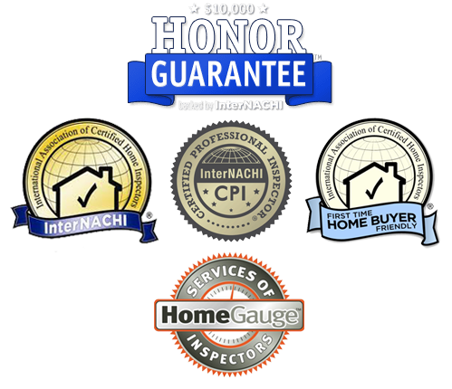 Certification Logos: International Association of Certified Home Inspectors (InterNACHI), InterNACHI Certified Professional Inspector (CPI), InterNACHI First Time Home Buyer Friendly, InterNACHI $10,000 Honor Guarantee, and HomeGauge Inspector logo