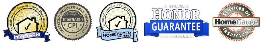 Certification Logos: International Association of Certified Home Inspectors (InterNACHI), InterNACHI Certified Professional Inspector (CPI), InterNACHI First Time Home Buyer Friendly, InterNACHI $10,000 Honor Guarantee, and HomeGauge Inspector logo